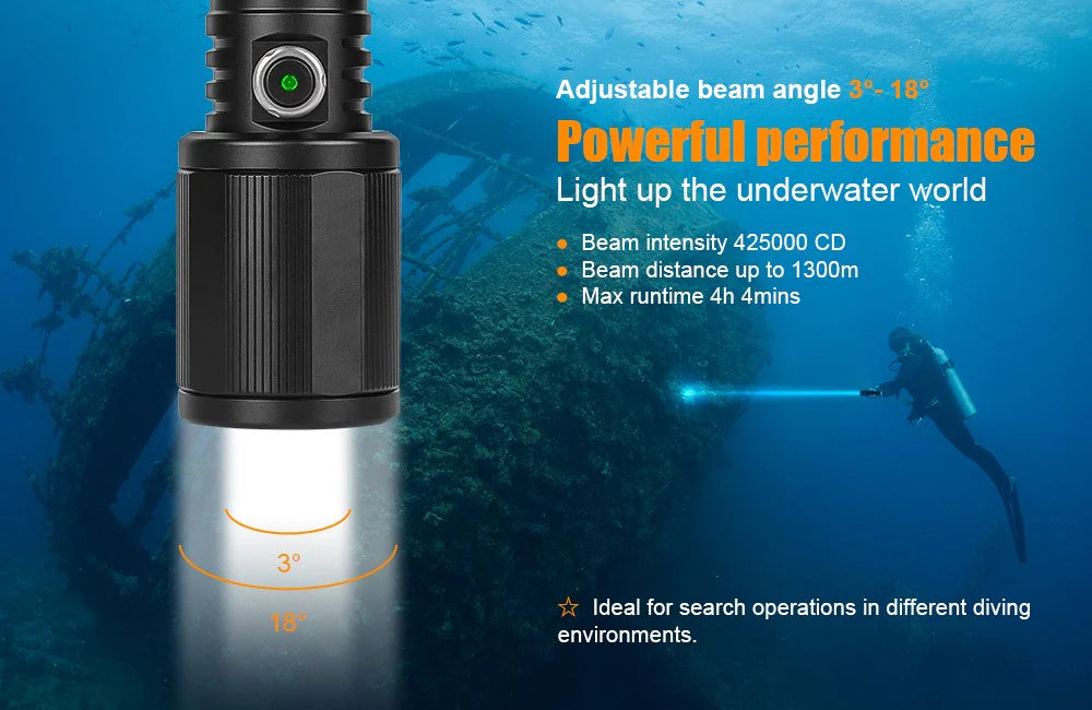 LZ01 - Diving Search Light - 1300 Meters throw - 350 Lumen - 150 Meters Deep - LEP Light