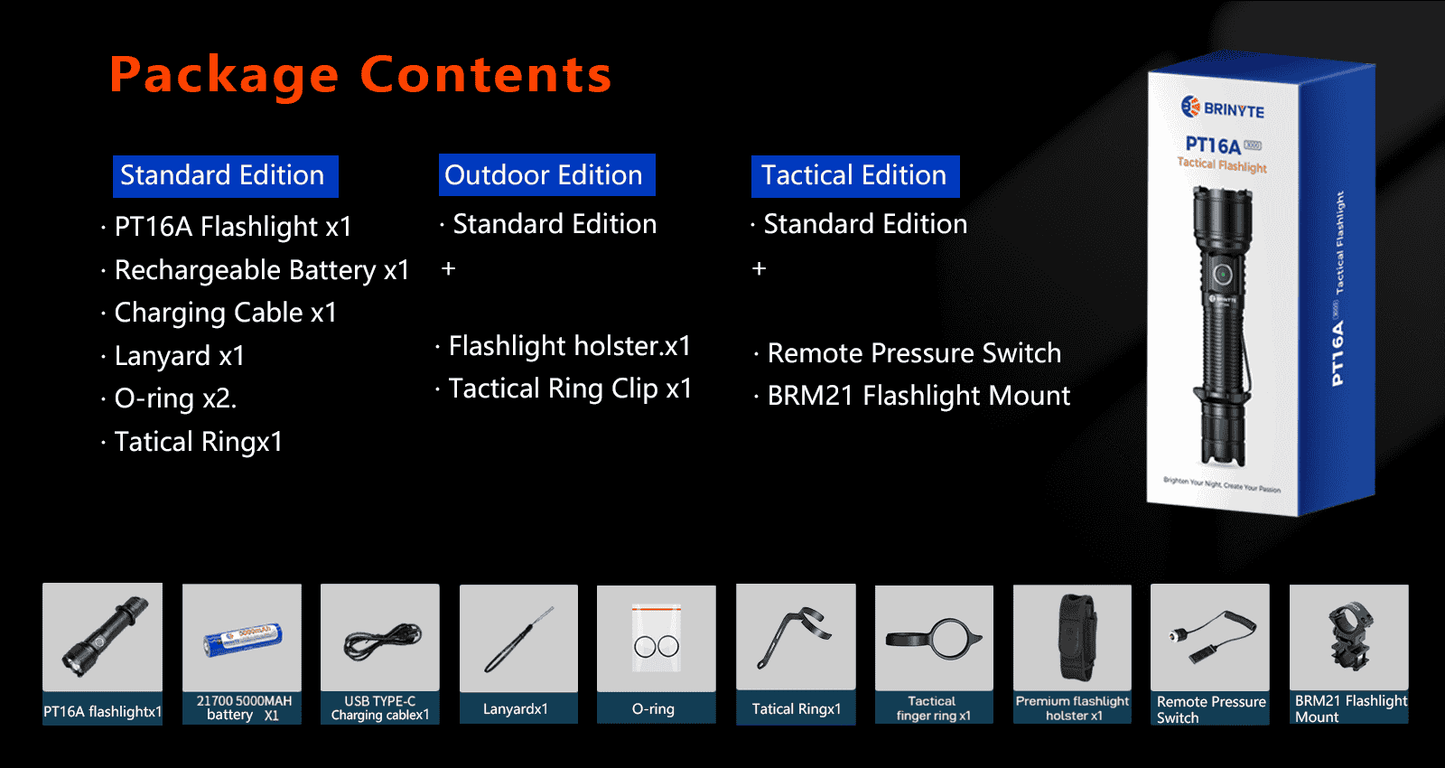 PT16A - 3000Lumens Tactical Flashlight with Tungsten Steel Tips